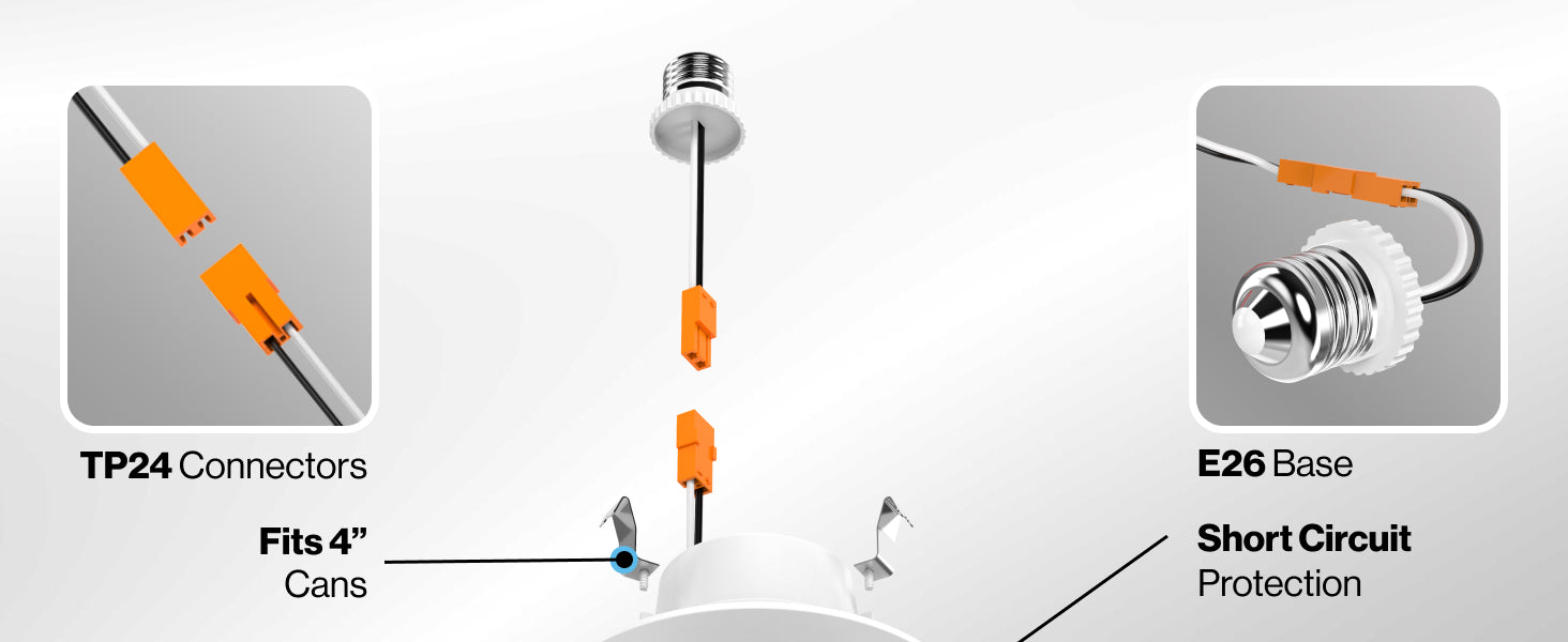 TP24 connectors, fits 4 inch cans, E24 base, and short circuit protection.