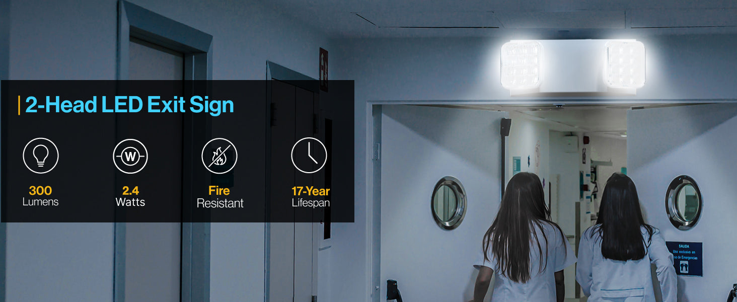 Fire-resistant 2-Head LED Exit Sign: 300 Lumens, lasts 17 years. Safety and longevity combined