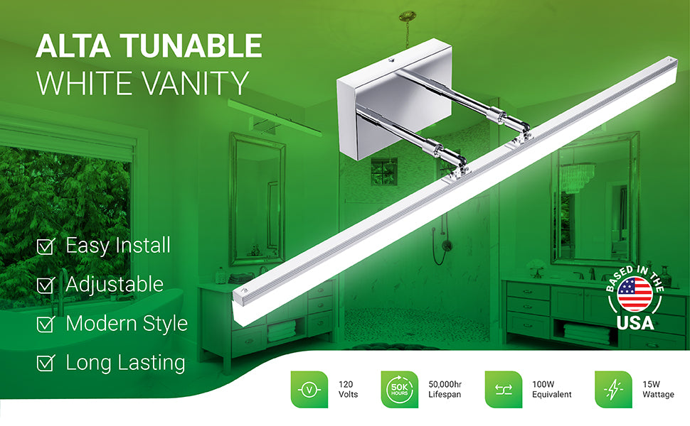 Alta Tunable White Vanity light fixture offers easy install with modern styling and a linear, modern bar light on dual telescoping arms. This adjustable vanity light can rotate the lamp head and reposition the light closer to the wall or further away. Long lasting fixture has 50,000 hour lifespan, consumes 120V, and is a 15W integrated LED that is a 100W equivalent. Replace old vanity light to reduce your power consumption. Sunco Lighting is based in the USA and is American owned and operated.