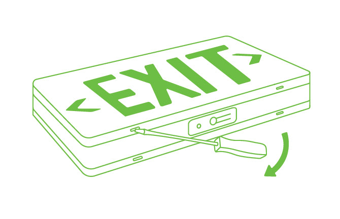 Opening exit sign faceplate with screwdriver in slots