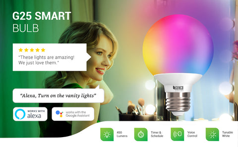 This G25 LED Smart Bulb works with voice activation when you pair it to your Google Assistant or Amazon Alexa. Shows woman at her vanity mirror with G25 LED bulbs on either side of the vanity. She says in a caption: Alexa, turn of the vanity mirror. Easy to operate and so helpful when your hands are full, voice activation lets you control your room lights remotely.