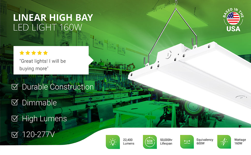 Sunco Lighting Dimmable Linear High Bay light fixture 160W=600W is commercial grade, integrated LED fixture with included V hook to suspend the light for task lighting in gyms, warehouses, storage facilities, basements, and workshops. With durable construction, a 50,000 hour lifespan, and no need to replace tubes like outdated technology, this fixture lowers maintenance cost and time. Produces instantaneous bright light (22,400 lumens). Optional motion sensor available.