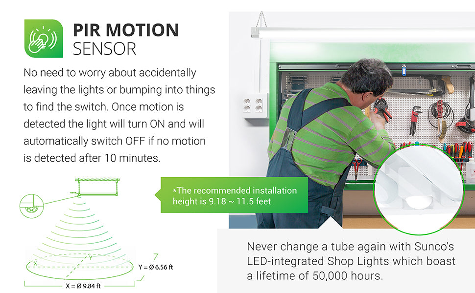 PIR Motion Sensor. Do you accidentally leave the lights on or bump into things to find the switch? No longer. Once motion is detected by the built in sensor, this light turns on and will automatically switch off if no motion detected is after 10 minutes. Savings. At 11 cents per kWh, this 40W motion shop light uses only 4.82 dollars of electricity over a 50,000 hour lifespan. This provides 1,208 dollars in savings when compared to the 1,428 dollars required to run a 260 Watt halogen lamp.