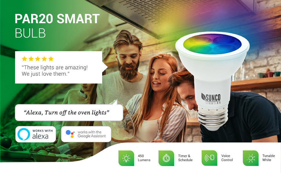 Sunco PAR20 LED Smart Bulb works with Alexa and Google Assistant. Shows people in kitchen baking and woman with voice bubble saying Alexa, turn off the oven lights.