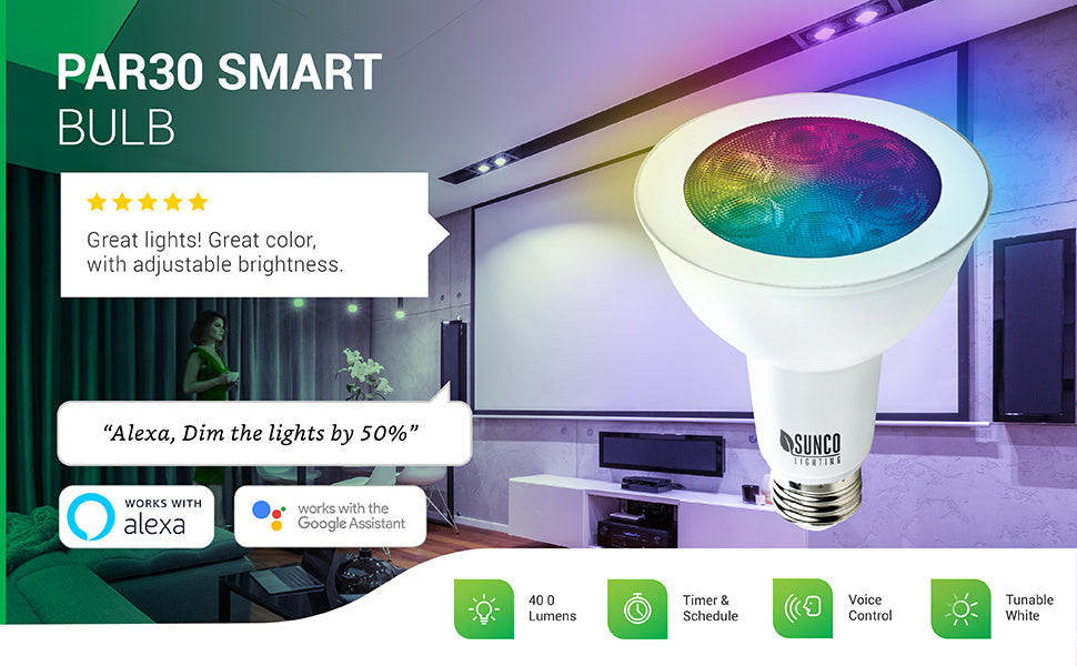 Sunco PAR30 LED Smart Bulb offers voice control over WiFi with Google Assistant or Alexa and the Smart Life App. Change color, choose cold or warm color temperature, set the scene, turn on and turn off lights automatically, and much more.