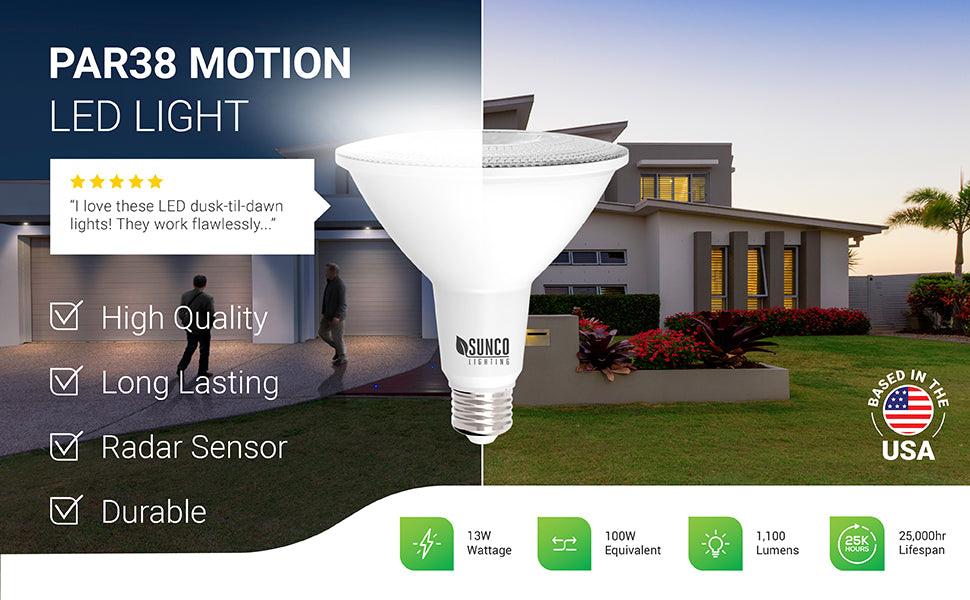 Our convenient Dusk to Dawn Motion Activated PAR38 LED Bulbs light your way by turning on when motion is detected. Shows a man leaving his house and walking across the lit driveway at night. Sunco PAR38 LEDs are in fixtures above the garage door. The built in sensor detects motion that is 15 ft away and turns on the light.