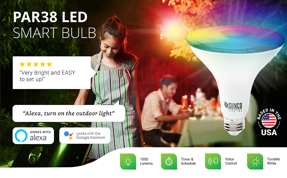 Sunco PAR38 LED Smart Bulb offers voice control over WiFi with Google Assistant or Alexa and the Smart Life App. Change color, choose cold or warm color temperature, set the scene, turn on and turn off lights automatically, and much more.