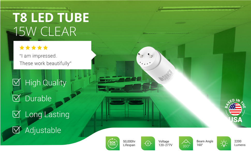 Ditch your ballast and increase the longevity of your fixtures with Sunco's durable T8 LED Tubes. This T8 LED Tube has a clear cover and consumes only 15W yet is a 32W equivalent. Bypass the ballast on your existing shop light fixture to install this LED tube for long-lasting life. Specs: 50,000 lifetime hours, commercial grade 120/277V, 160 degree beam angle, 2200 lumens. Image shows the tubes in a classroom or large conference room. Customer review says I am impressed. These work beautifully.