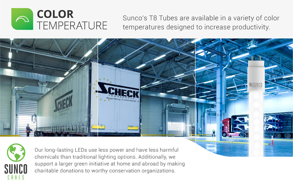 Sunco T8 Tubes are available in a variety of color temperatures designed to increase productivity. Task lights, like these, work well for workspaces, corridors, offices or retail spaces. Also in warehouse applications such as the large warehouse shown here. Sunco makes regular charity donations to worthy conservation organizations to support a larger green initiative at home and abroad. Sunco is based in the USA and is American owned and operated.
