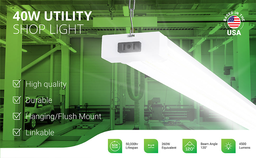 This 40W Utility Shop Light is an integrated LED with 50,000 lifetime hours for reduced maintenance. It is also a 40W LED that is a 260W equivalent to lower power bills when compared to outdated fluorescent tubes. This high quality fixture is durable and linkable. It features a 120-degree beam angle to light a wide area with its 4500 lumens of instant on, bright light.