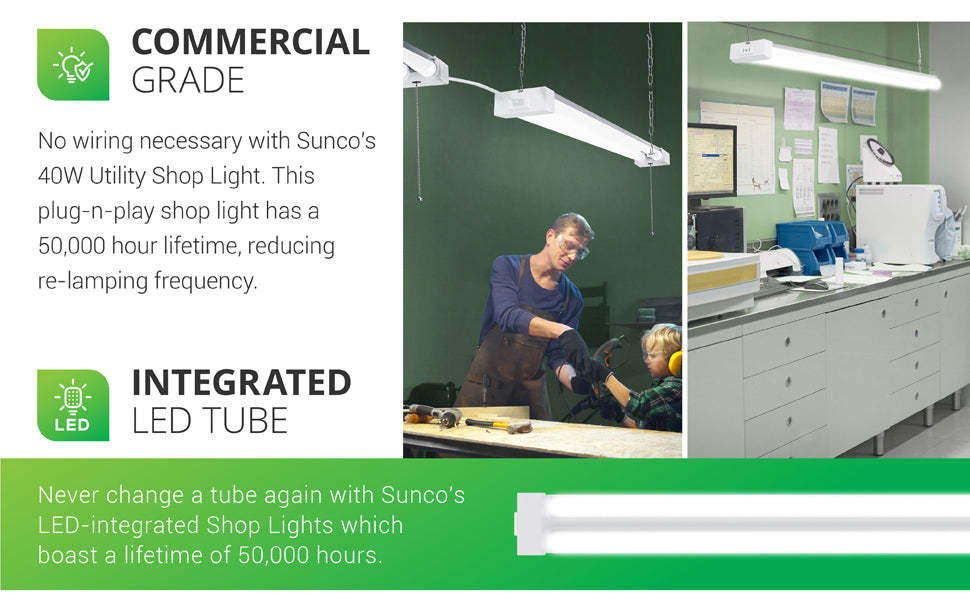 Commercial Grade with fast setup, No wiring is necessary with Sunco's commercial grade Utility Shop Light. This plug-n-play shop light has a 50,000 hour lifespan to reduce re-lamping frequency. Integrated LED Tube. Due to the long lifetime you won't need to change out the linear tube during the life of the fixture. Image shows a man and a young boy in a woodshop or garage under a bright shop light and a laboratory station with the instant on task light above.