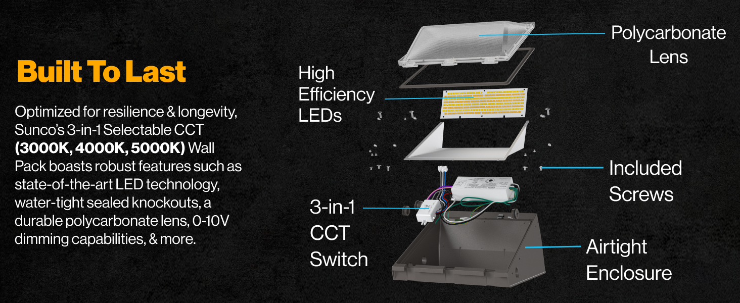 Sunco Lighting Selectable Wall Pack 3000K 4000K 5000K 0-10V Dimmable High-Efficiency LEDs Included Screws Polycarbonate Lens