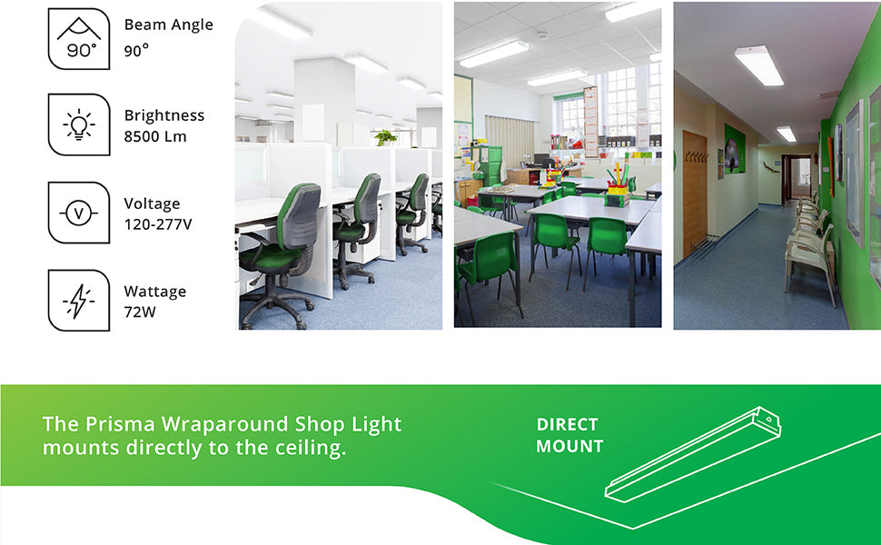 The Sunco wet rated Prisma Wraparound Shop Light mounts directly to the ceiling. Simply direct mount to your junction box (not included). Three images show our wraparound LED light fixtures in various settings: a customer service bullpen area, school classrooms with shared desks, and the waiting area of an office. Tech specs include 90-degree beam angle, 8500 lumens, 120/277V voltage, and it consumes only 72W yet is a 300W equivalent.