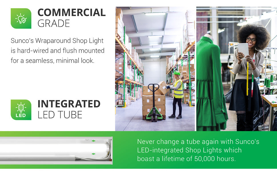 The Sunco Prisma Wraparound 50W Shop Light is hard wired and flush mounted for a seamless, minimalist look. Image shows a classroom workshop with LED shop lights linked overhead for task lighting. This LED wraparound light features 6500 lumens of bright, instant on light. This 50W light is a 300W equivalent. With its 50,000 lifetime hours and low wattage, you will save on relamping and your energy bill when compared to traditional lighting fixtures.