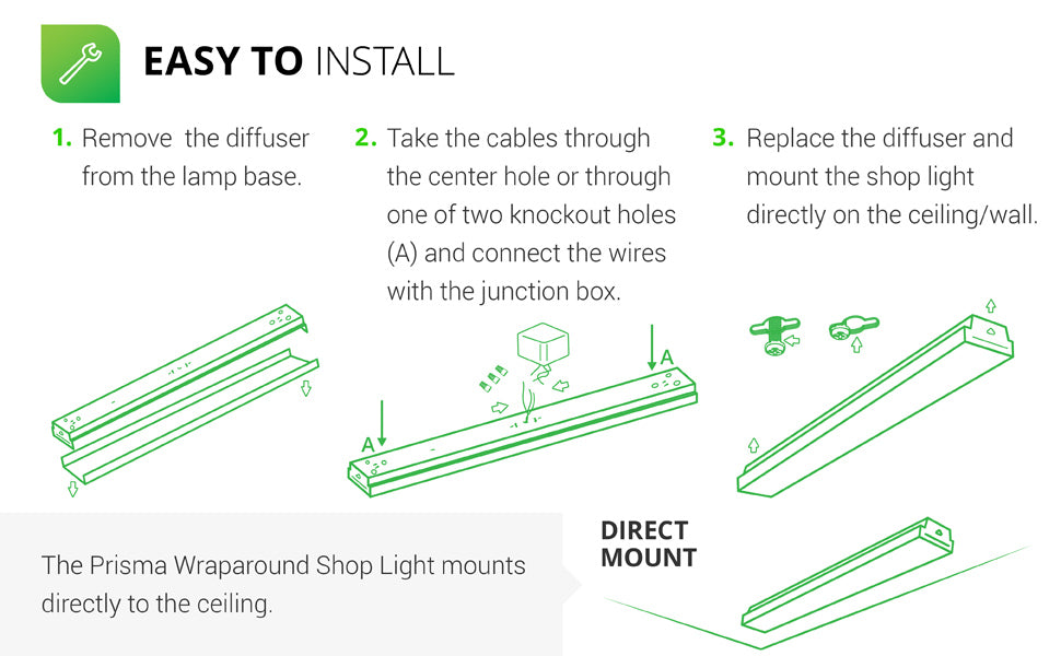 Direct Wire Installation of the 7-inch Prisma Wraparound LED Shop Light. 1. Remove the diffuser from the lamp base. 2. Feed the cables through the center hold or through one of the two knockout holes (fig A) and connect the wires with the junction box (not included). 3. Replace the diffuser and mount the shop light directly on the ceiling or wall. Images are shown with how to install the fixture. There is an install guide in the support tab. This is an integrated LED with 50,000 lifetime hours.