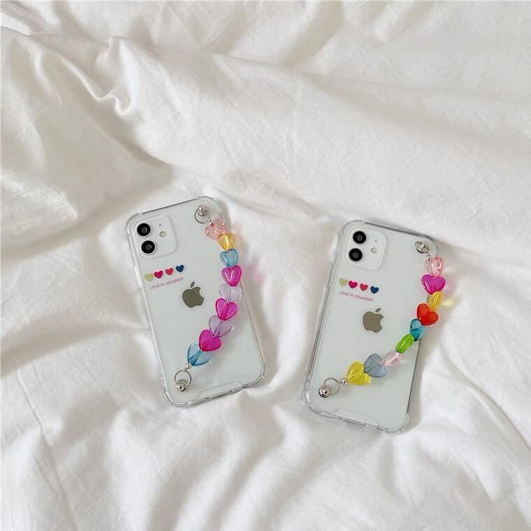 Rainbow Hearts Chain Phone Case | White Tanuki