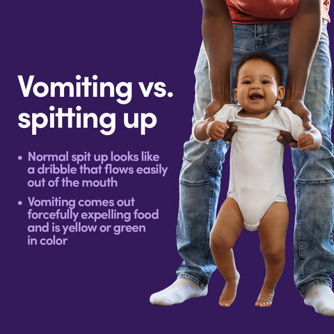 Listing out the differences between vomiting and spitting up with image of baby walking