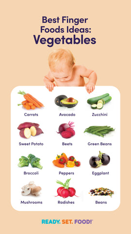 Chart with images and text showing the best vegetable first finger foods for babies 
