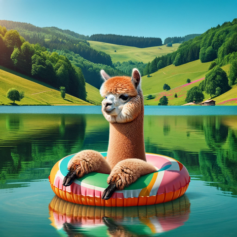 Top Ten Things to Do in The Berkshires in Summer: Your Ultimate Guide. An Alpaca popping out of an inner tube in a lake surrounded by green landscape.