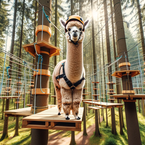 Top Ten Things to Do in The Berkshires in Summer: Your Ultimate Guide. An alpaca stands on a platform at an aerial adventure park.