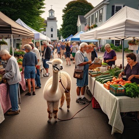 Top Ten Things to Do in The Berkshires in Summer: Your Ultimate Guide. An alpaca standing in the middle of a farmer's maket.