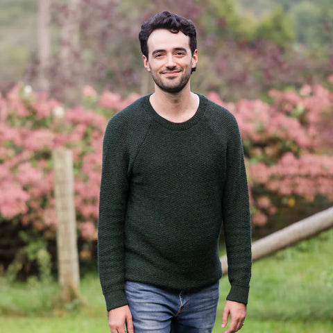 male modeling green alpaca sweater outdoors