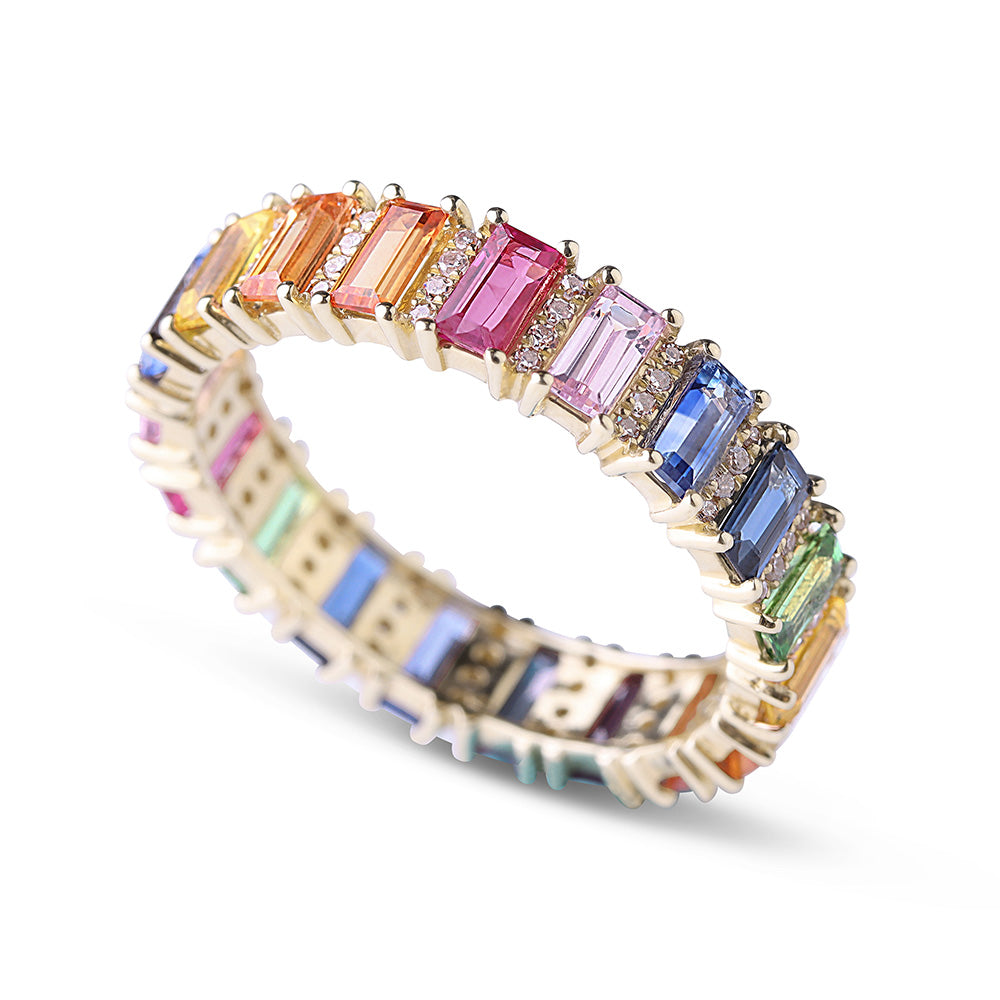 RAINBOW SAPPHIRE EMERALD CUT WITH DIAMOND ETERNITY BAND