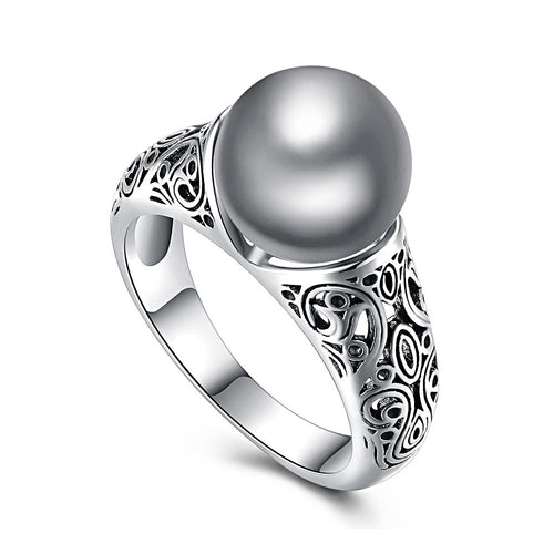 Pave Gray Pearl Ring Rhodium Plated