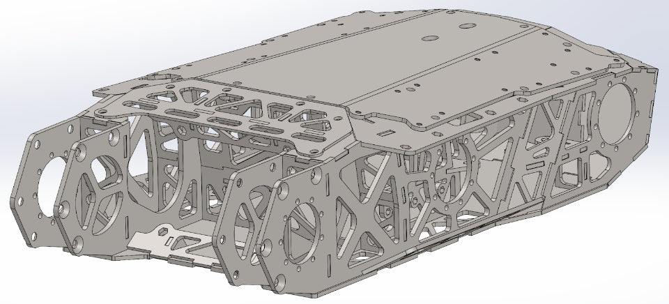 HyperShock BattleBots Season 6 chassis, shown with top plate, front view