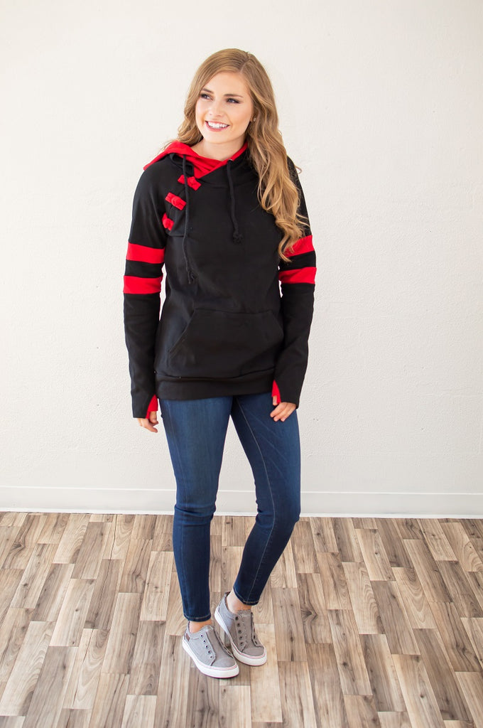 Black and Red Varsity Women's Double Hooded Sweatshirt – Rogue Society ...