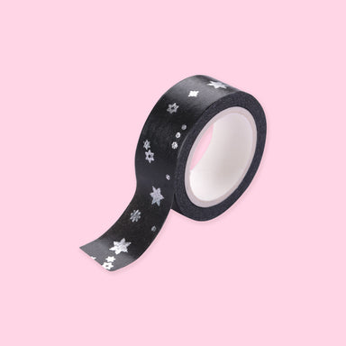 15mm Black & White Washi Tape - Moon, Stars, Snowflakes - silver