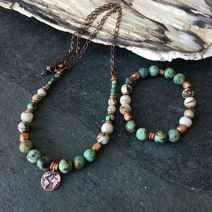 African Turquoise, Opalized Petrified Wood & Copper Stretch Bracelet