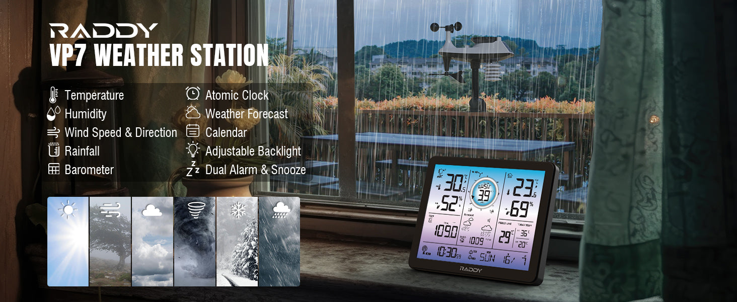 Raddy VP7 Wireless Outdoor Weather Station with 7.4'' Large Display