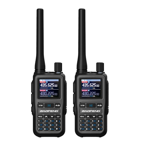 Two black walkie-talkies with digital displays on a white background