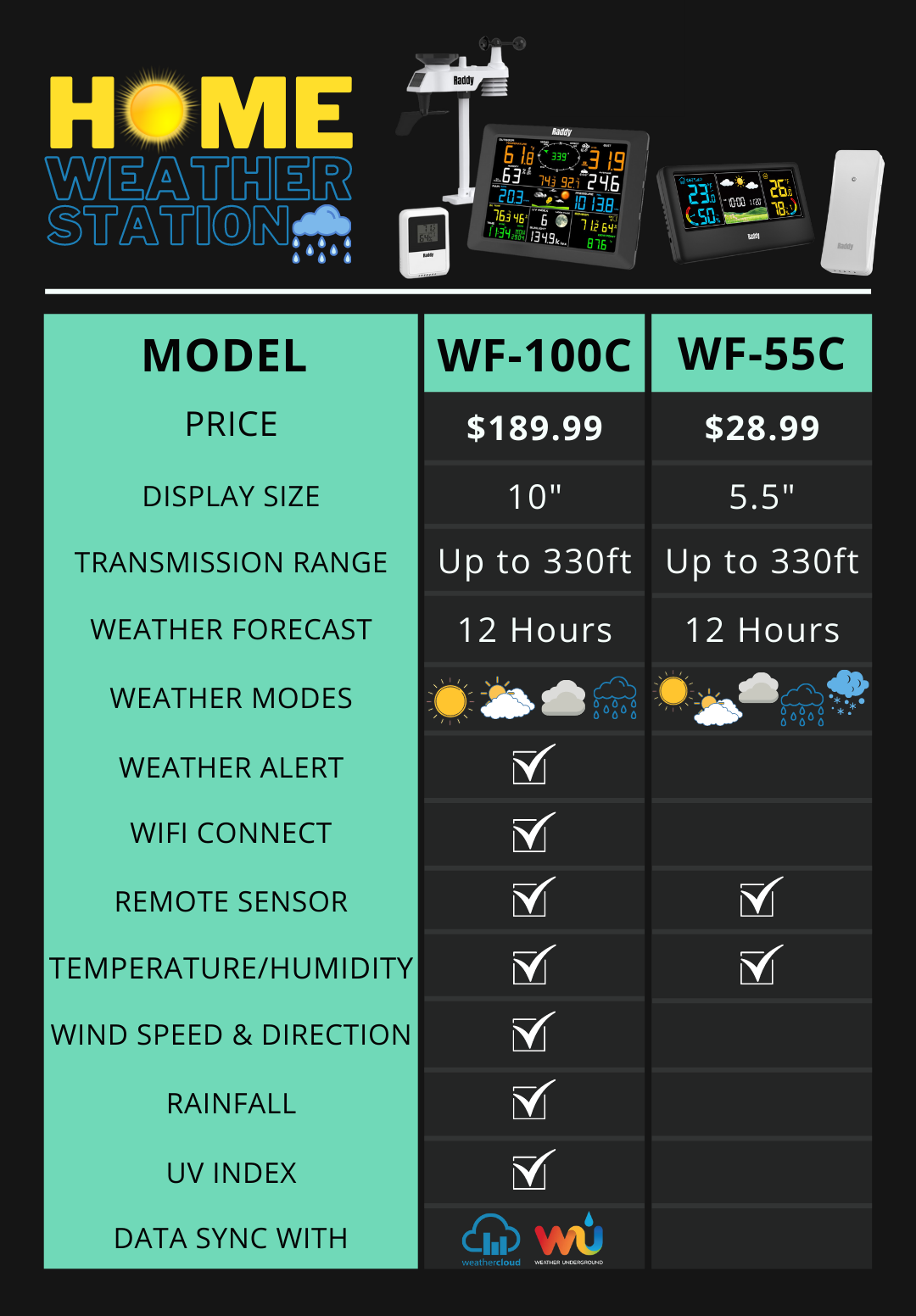 Raddy WF-55C PRO Weather Station with Wireless Remote Sensor, Thermometer  Hygrometer Barometer, Alarm Clock, Weather Forecast, Color Display for