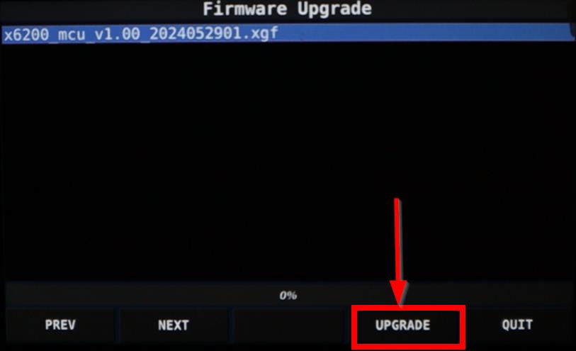 Screenshot of the Xiegu X6200 'Firmware upgrade' screen listing available baseband firmware versions for selection.
