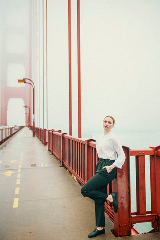 Flannery in the fog in San Francisco wearing Empress Vintage pieces.