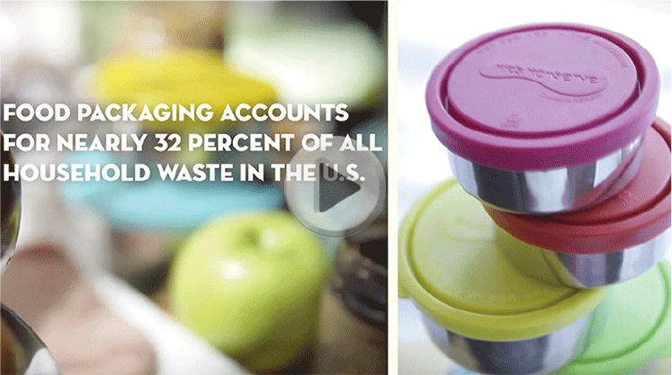 Screenshot of Video detailing food waste statistics; stacked u-konserve food containers