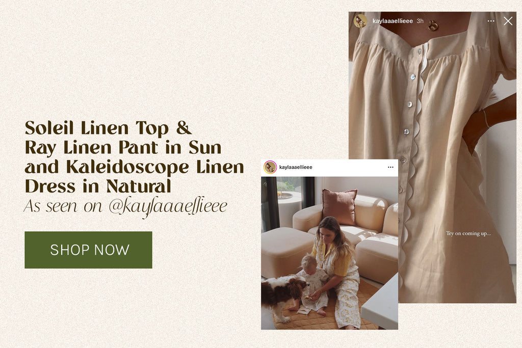 Soleil Linen Top & Ray Linen Pant in Sun and Kaleidoscope Linen Dress in Natural as seen on @kaylaaaellieee