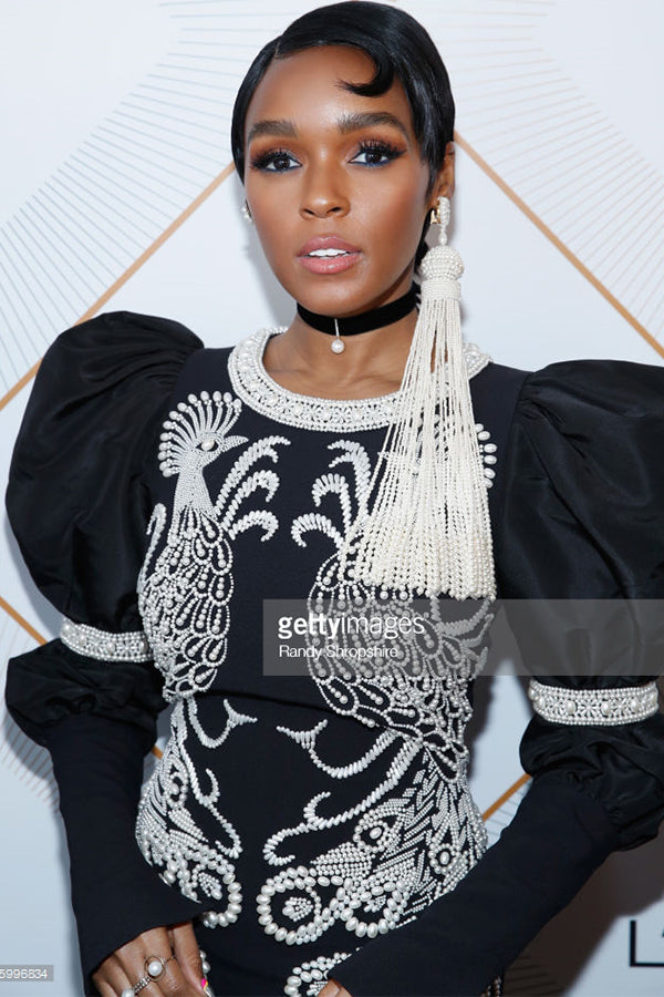 Janelle Monae , Actress  Wears our Lady Mother of Pearl Choker , and rings.