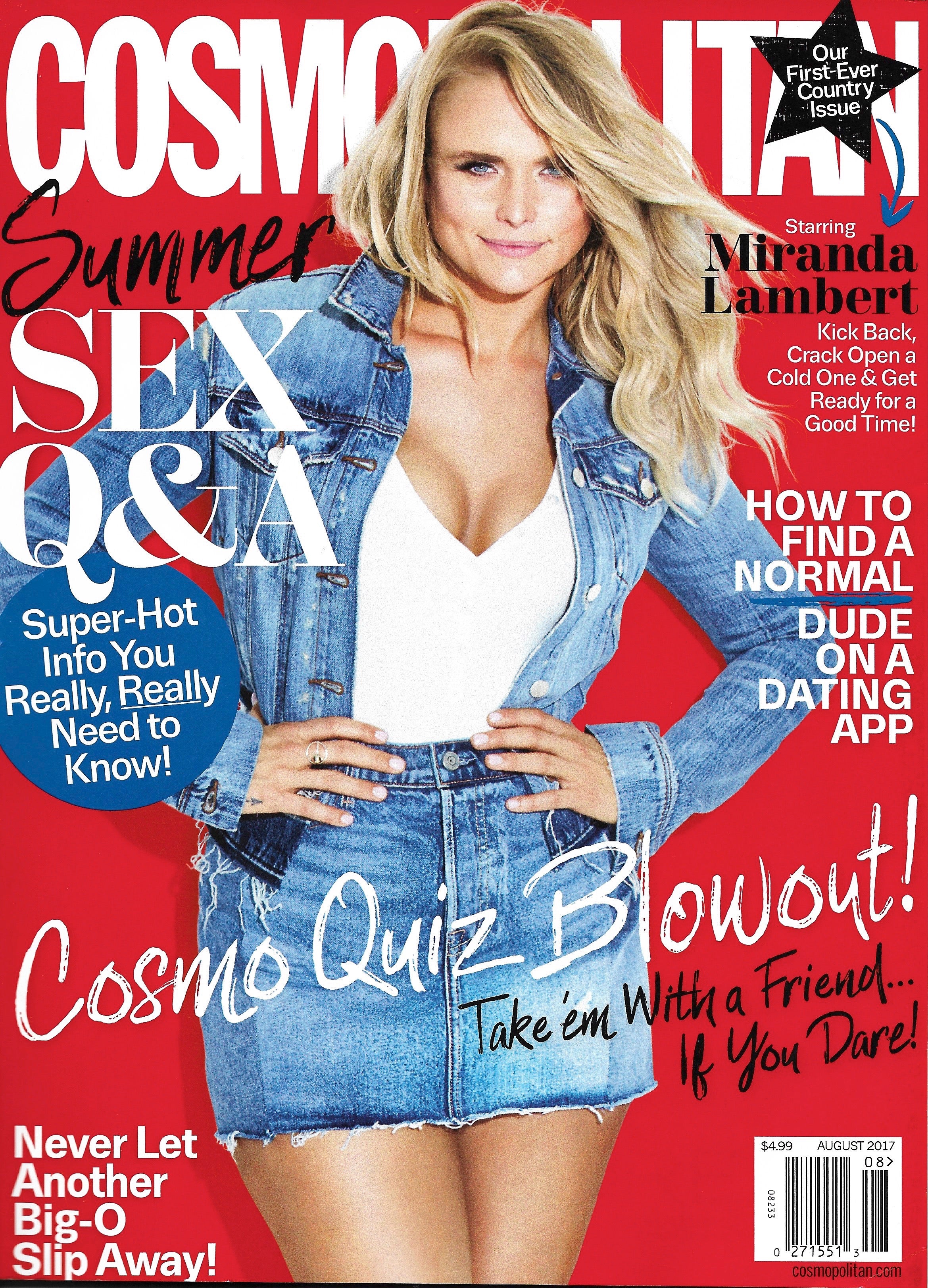 Miranda Lambert usando nosso anel de órbita de esfera de ouro 14K na capa de agosto da Cosmopolitan Magazine.