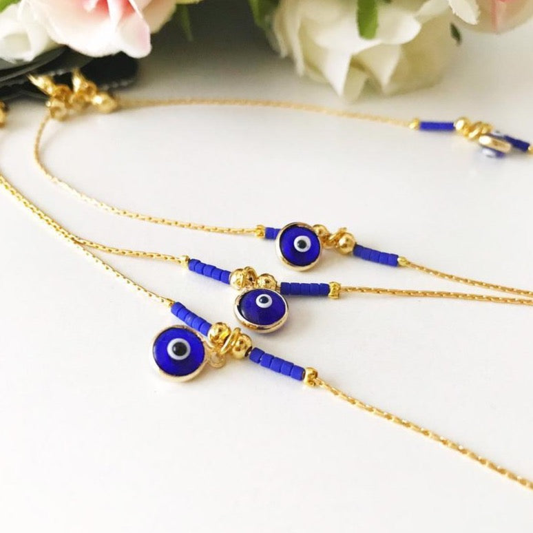 Greek Evil Eye Bracelet, Glass Blue Evil Eye Bead, Gold Chain Bracelet - Evileyefavor