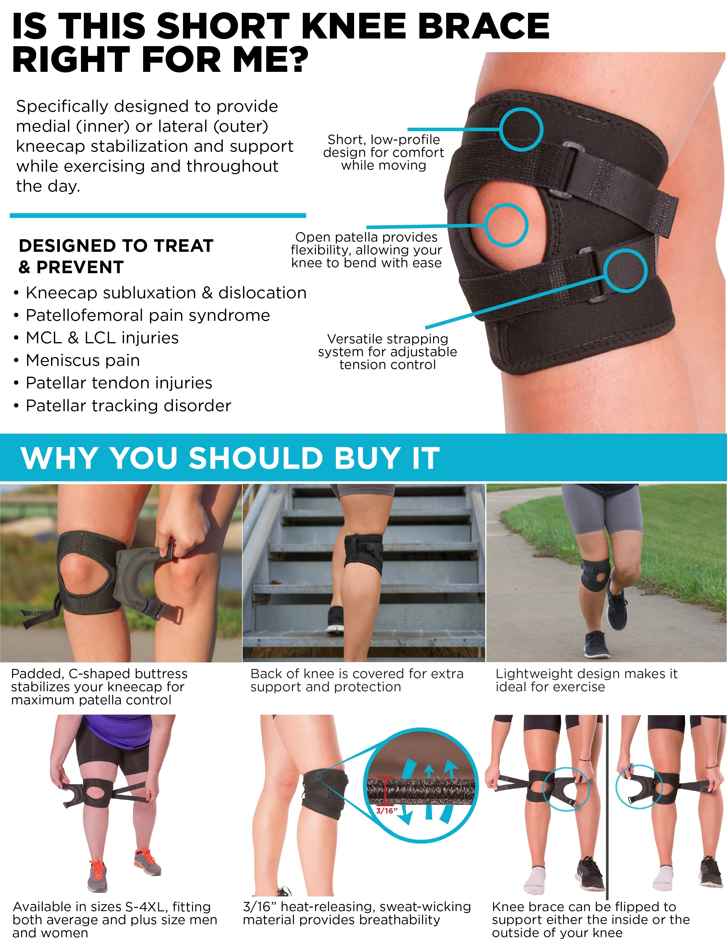 Short & Lightweight Knee Brace | Patellar Tracking Support for Running