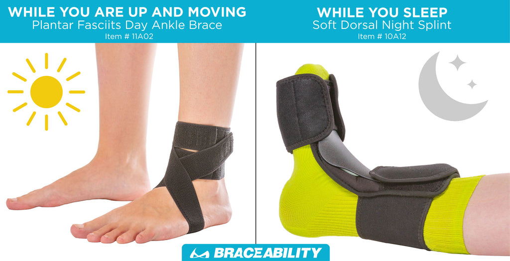 BraceAbility offers a plantar fasciitis day ankle brace and plantar fasciitis night splint while you sleep