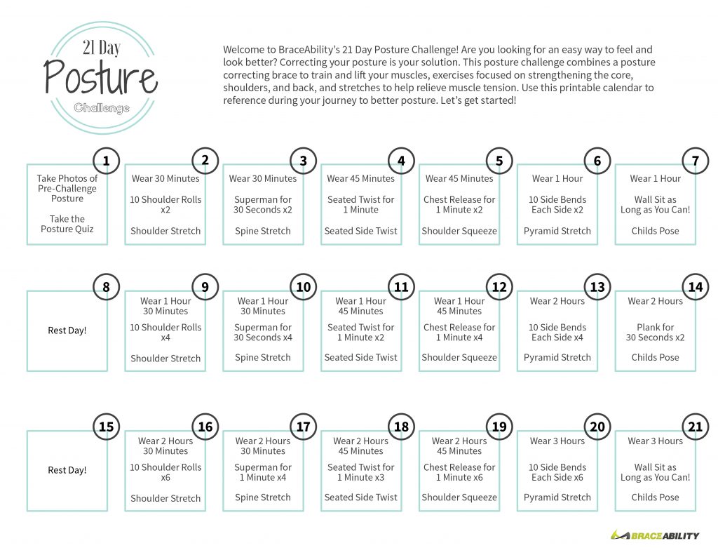 Calendar of exercises you should do over a month to correct or prevent bad posture