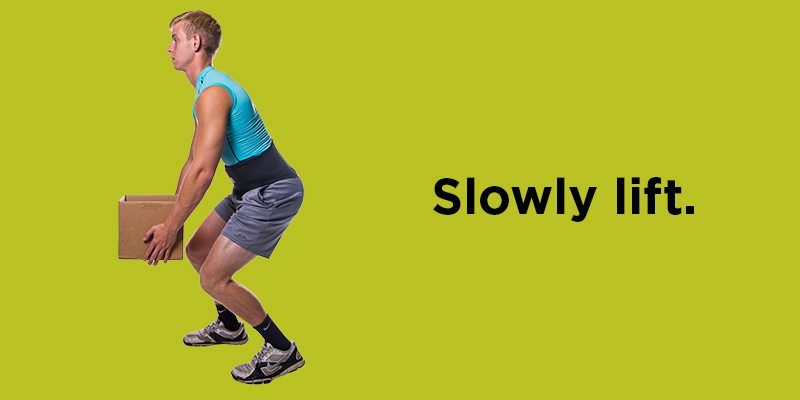 Lift heavy objects in a slow smooth motion with your knees and hips, not your back