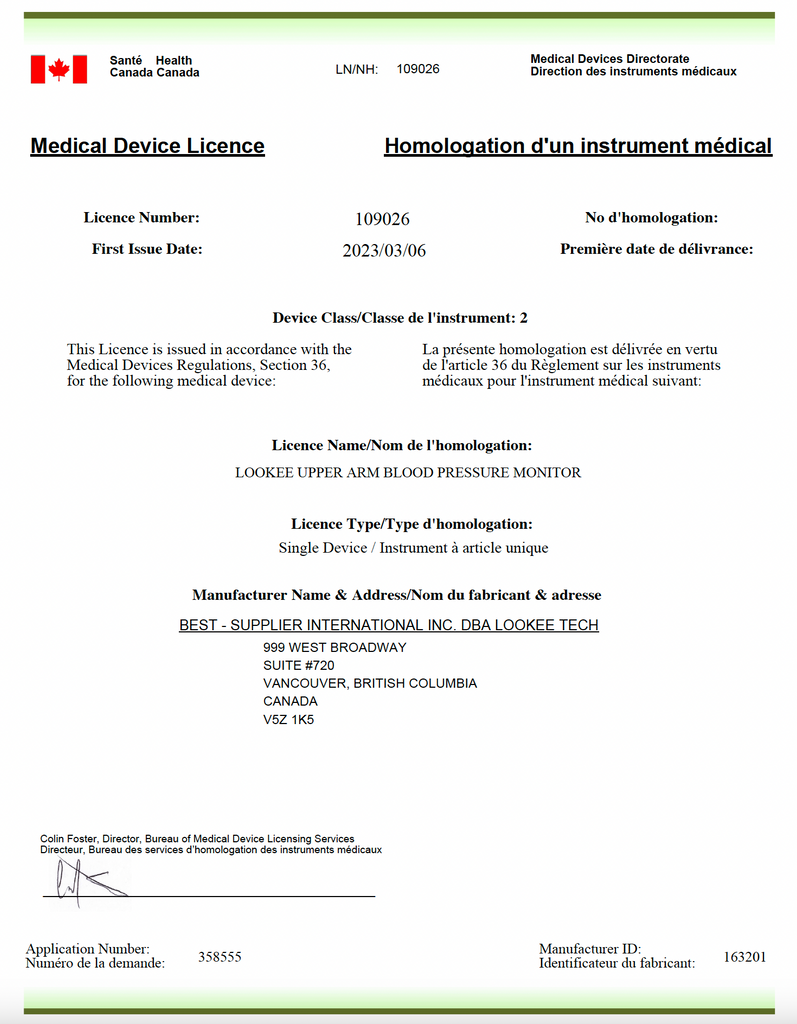 LOOKEE Blood Pressure Monitor Medical Device Licence MDL from Health Canada