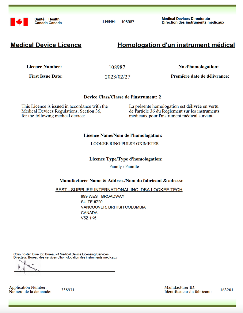 LOOKEE Sleep Oxygen Monitors Medical Device License (MDL) Approved from Health Canada