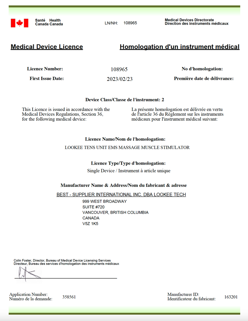LOOKEE TENS Unit EMS Muscle Stimulator Massager MDL (Medical Device Licence) from Health Canada