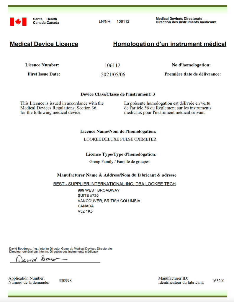 LOOKEE Finger Fingertip Pulse Oximeter MDL (Medical Device Licence) from Health Canada